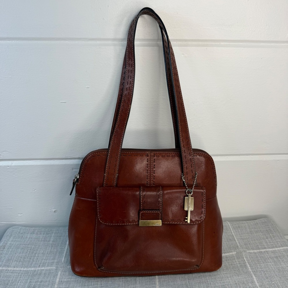 Fossil Vintage Cognac Leather Whipstitch Shoulder Bag Brown Key Charm 90s Y2K